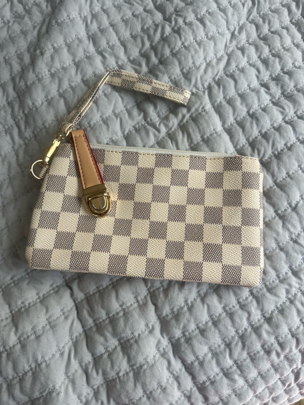 Cream and Light Brown Check Wristlet Pouch